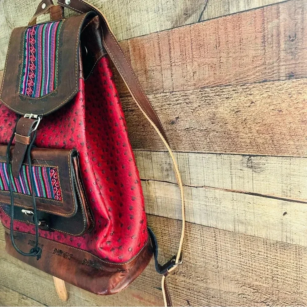 NWOT Handmade Large Huipil Guatemalan Leather Backpack